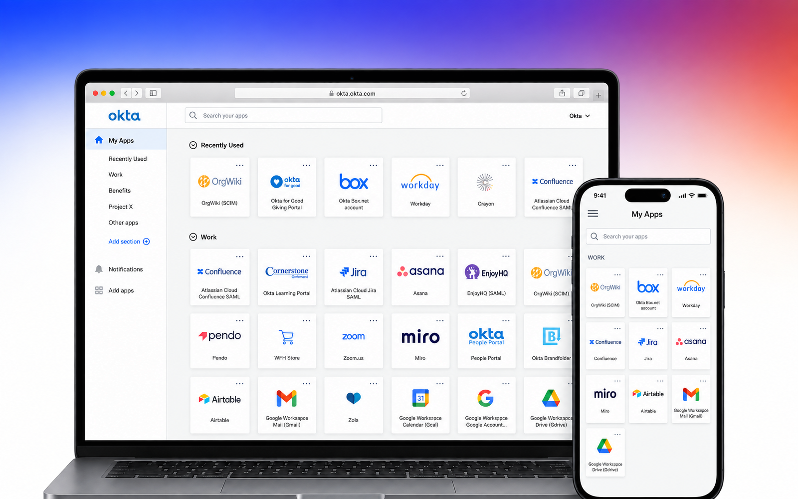 Existing Okta End-User Dashboard with My Apps tiles on laptop and phone